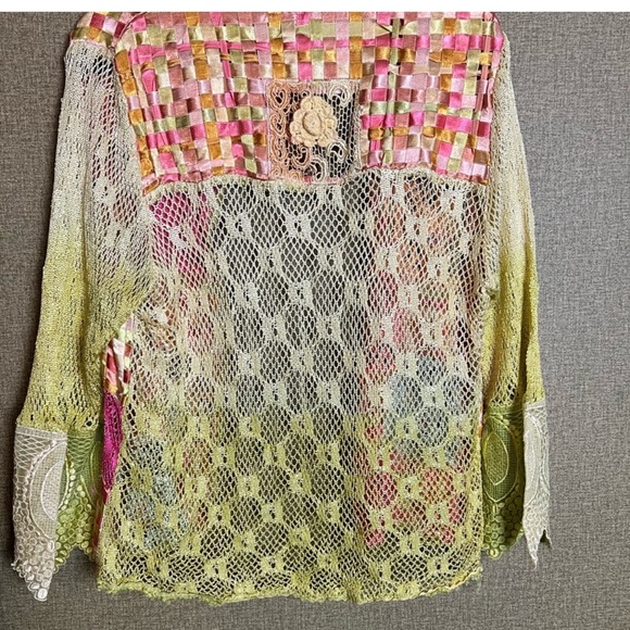 Parsley And Sage Women's Sweater Crochet Ribbon Open Front pink yellow green - Picture 4 of 9